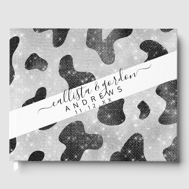 Glamorous Black Sparkly Glitter Sequins Cow Print Guest Book (Front)