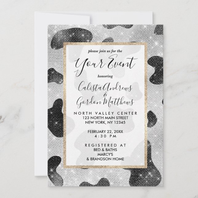Glamorous Black Sparkly Glitter Sequins Cow Print Invitation (Front)