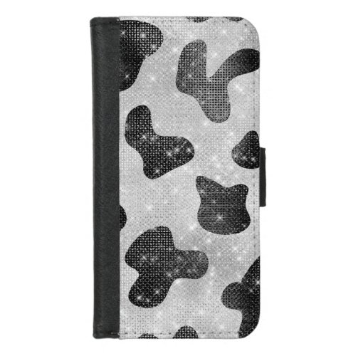 Glamorous Black Sparkly Glitter Sequins Cow Print iPhone 87 Wallet Case