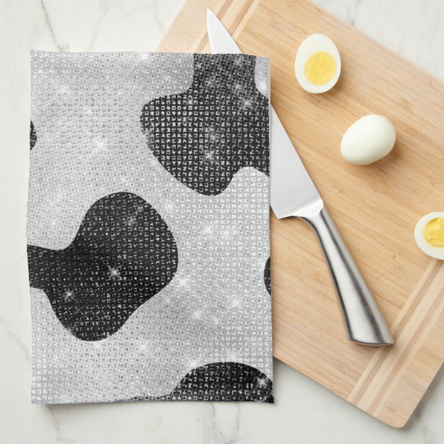 Glamorous Black Sparkly Glitter Sequins Cow Print Kitchen Towel (Quarter Fold)