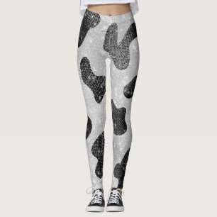 Glamorous Black Sparkly Glitter Sequins Cow Print Leggings