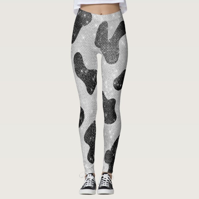 Glamorous Black Sparkly Glitter Sequins Cow Print Leggings (Front)