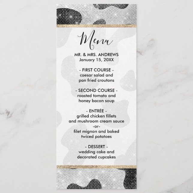 Glamorous Black Sparkly Glitter Sequins Cow Print Menu (Front)