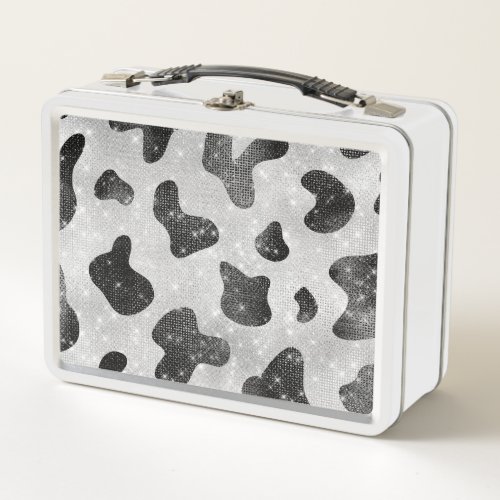 Glamorous Black Sparkly Glitter Sequins Cow Print Metal Lunch Box