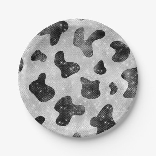 Glamorous Black Sparkly Glitter Sequins Cow Print Paper Plates