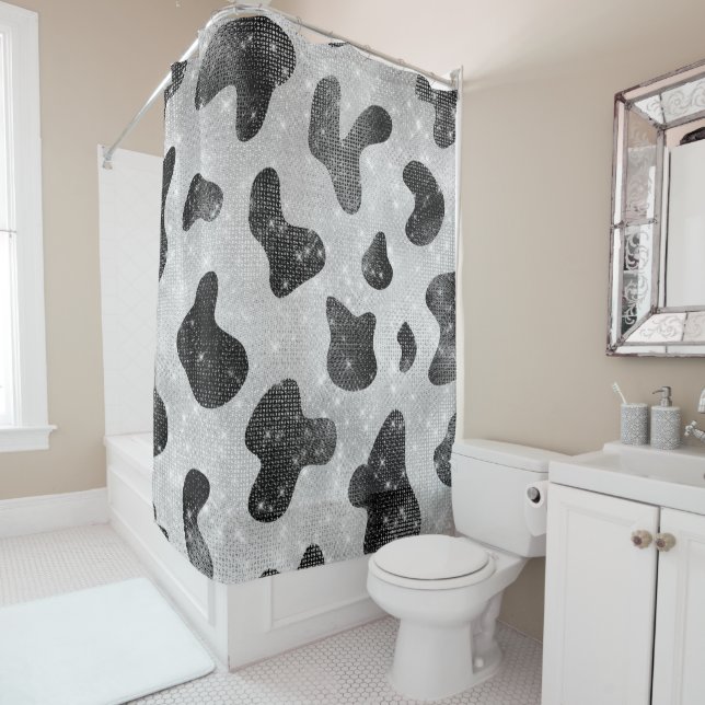 Glamorous Black Sparkly Glitter Sequins Cow Print Shower Curtain (In Situ)