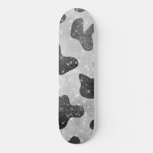 Glamorous Black Sparkly Glitter Sequins Cow Print Skateboard