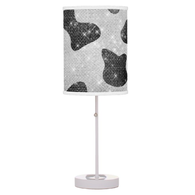 Glamorous Black Sparkly Glitter Sequins Cow Print Table Lamp (Front)