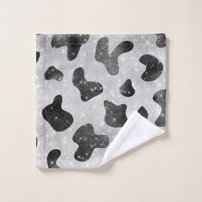 Glamorous Black Sparkly Glitter Sequins Cow Print Wash Cloth (Wash Cloth)