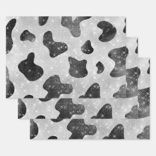 Glamorous Black Sparkly Glitter Sequins Cow Print Wrapping Paper Sheets