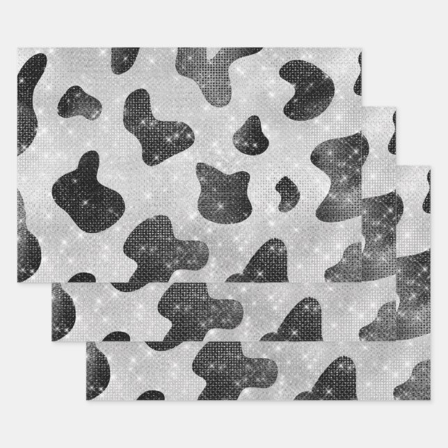 Glamorous Black Sparkly Glitter Sequins Cow Print Wrapping Paper Sheets (Set)