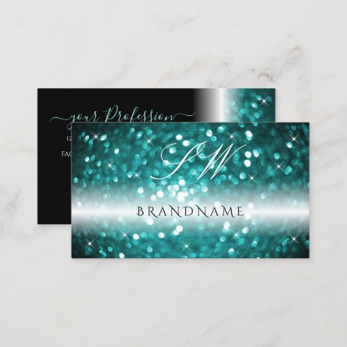 Glamorous Black Teal Sparkling Glitter Initials Business Card