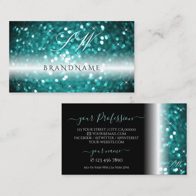 Glamorous Black Teal Sparkling Glitter Initials Business Card (Front/Back)