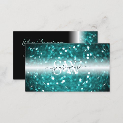 Glamorous Black Teal Sparkling Glitter Monogram Business Card