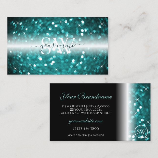 Glamorous Black Teal Sparkling Glitter Monogram Business Card (Front/Back)