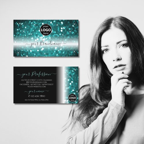 Glamorous Black Teal Sparkling Glitter with Logo Business Card