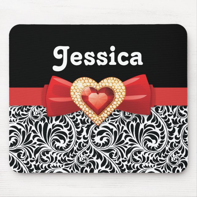 Glamorous Black white damask & red bow and jewel Mouse Pad (Front)