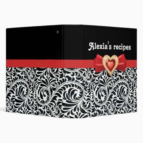 Glamorous black white damask with red bow  jewel binder