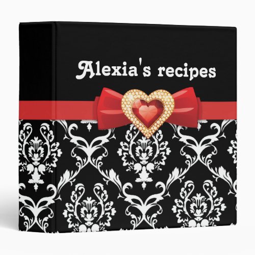 Glamorous black white damask with red bow  jewel binder