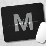 Glamorous Black White Name Monogram Mouse Pad<br><div class="desc">Personalized Elegant Modern Black and White Script Initial Monogram Mouse Pad. Add a touch of sophistication to your workspace with this chic mouse pad. It features a sleek gray initial centered on a crisp black background, complemented by a clean and modern design. Combining elegance with practicality, this mouse pad is...</div>