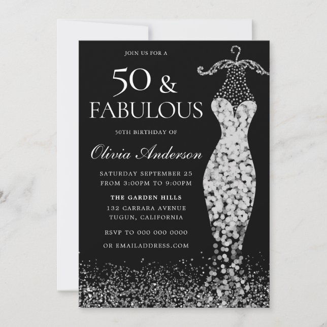 Glamorous Black & White Silver Dress 50th Birthday Invitation (Front)