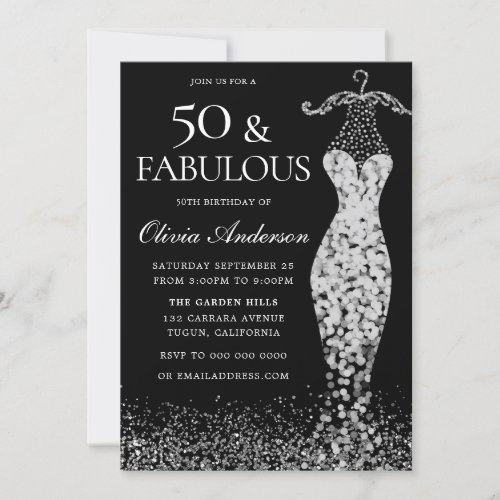 Glamorous Black  White Silver Dress 50th Birthday Invitation