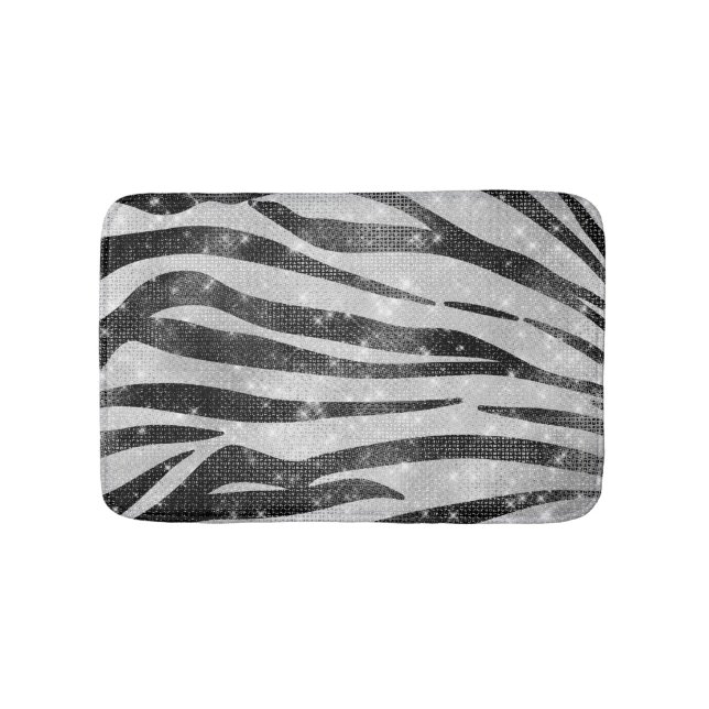 Glamorous Black White Sparkly Glitter Zebra Stripe Bath Mat (Front)