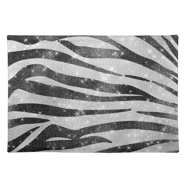 Glamorous Black White Sparkly Glitter Zebra Stripe Cloth Placemat (Front)
