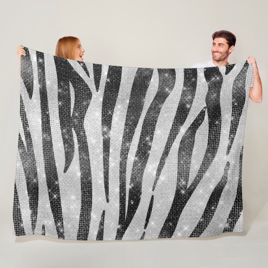 Glamorous Black White Sparkly Glitter Zebra Stripe Fleece Blanket