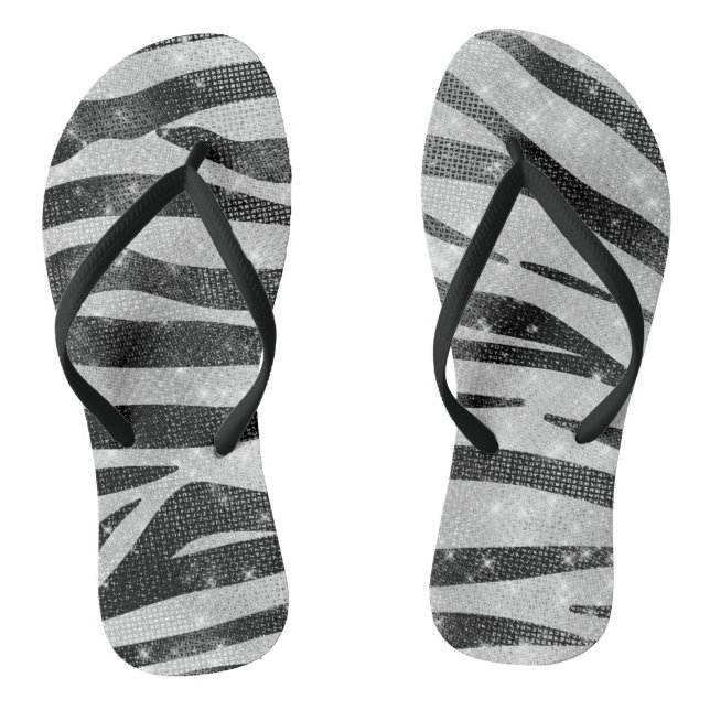 Glamorous Black White Sparkly Glitter Zebra Stripe Flip Flops (Footbed)