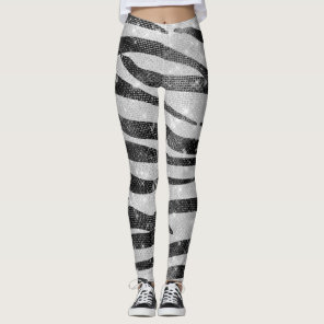 Glamorous Black White Sparkly Glitter Zebra Stripe Leggings