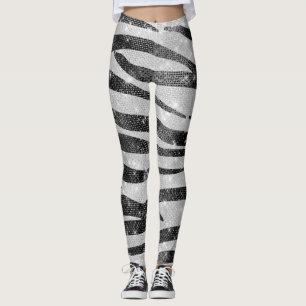 Glamorous Black White Sparkly Glitter Zebra Stripe Leggings