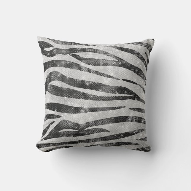 Glamorous Black White Sparkly Glitter Zebra Stripe Outdoor Pillow (Front)