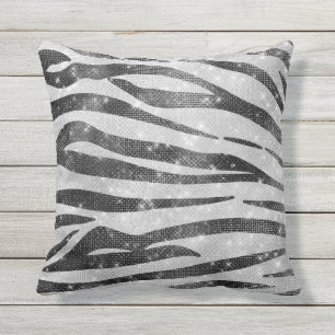 Glamorous Black White Sparkly Glitter Zebra Stripe Outdoor Pillow