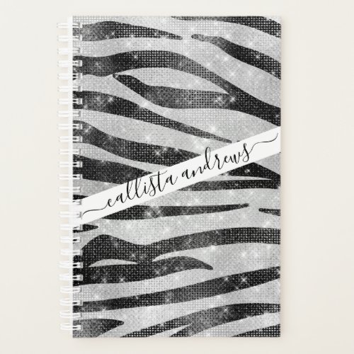 Glamorous Black White Sparkly Glitter Zebra Stripe Planner