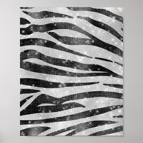 Glamorous Black White Sparkly Glitter Zebra Stripe Poster