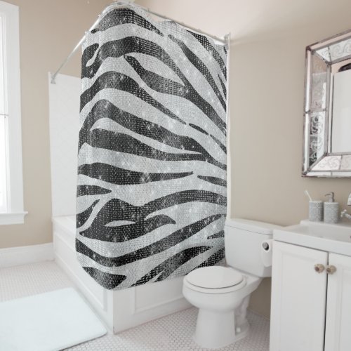 Glamorous Black White Sparkly Glitter Zebra Stripe Shower Curtain