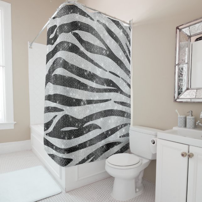 Glamorous Black White Sparkly Glitter Zebra Stripe Shower Curtain (In Situ)
