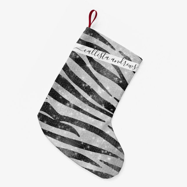 Glamorous Black White Sparkly Glitter Zebra Stripe Small Christmas Stocking (Front (Hanging))