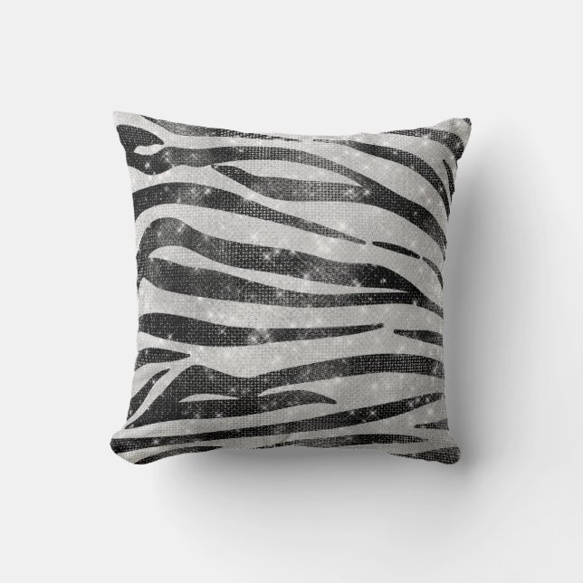 Glamorous Black White Sparkly Glitter Zebra Stripe Throw Pillow (Front)