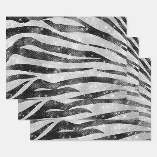 Glamorous Black White Sparkly Glitter Zebra Stripe Wrapping Paper Sheets