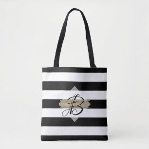 Glamorous Black White Stripe MONOGRAM Tote Bag