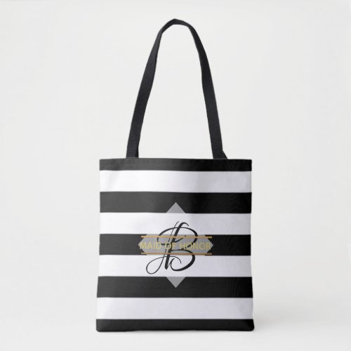 Glamorous Black White Stripe MONOGRAM Tote Bag