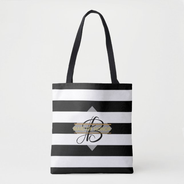 Glamorous Black White Stripe MONOGRAM Tote Bag (Front)