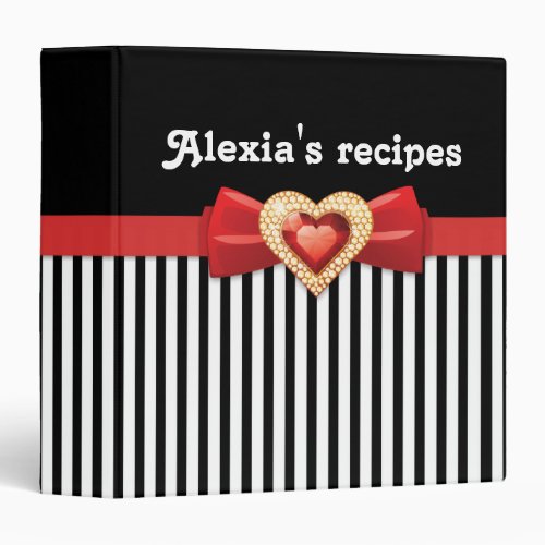 Glamorous black white stripes with red bow  jewel 3 ring binder