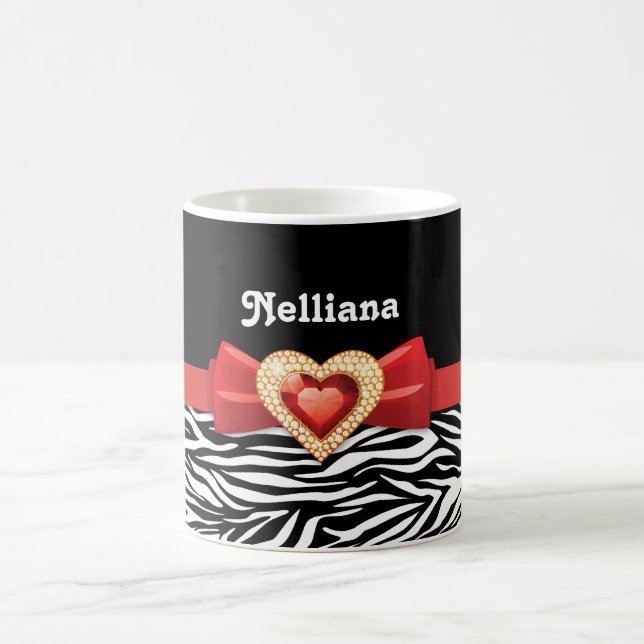 Glamorous Black white zebra print, red bow & jewel Coffee Mug (Center)