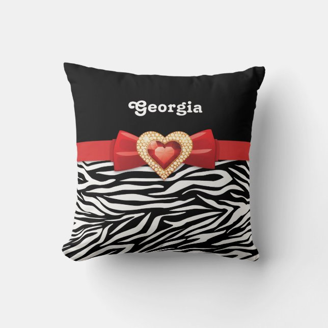 Glamorous Black white zebra print, red bow & jewel Throw Pillow (Front)