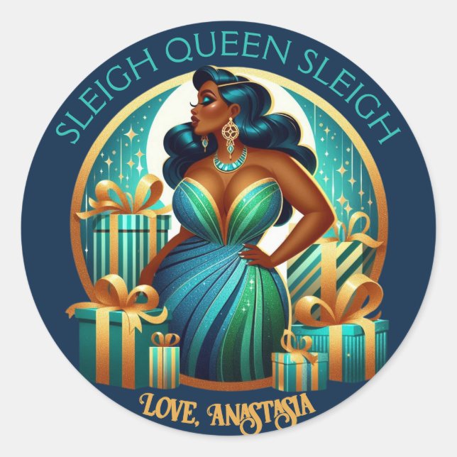 Glamorous Black Woman Festive Stylish Christmas Classic Round Sticker (Front)