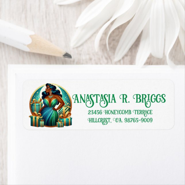 Glamorous Black Woman Festive Stylish Christmas Label (Insitu)