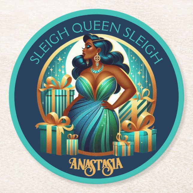 Glamorous Black Woman Festive Stylish Christmas Round Paper Coaster (Front)